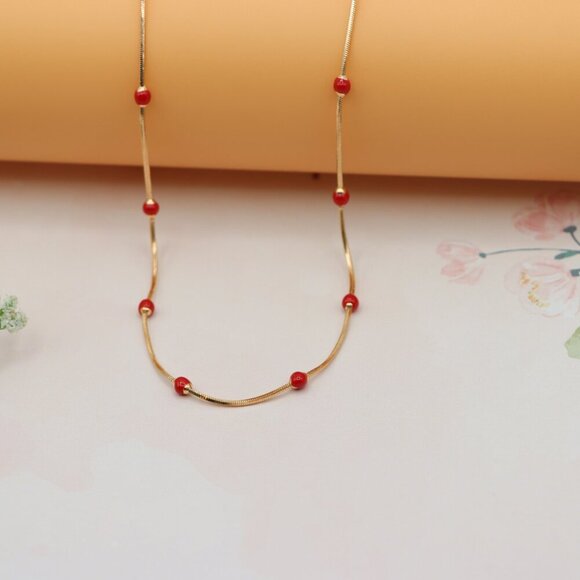 "Rose Gold Necklace with Red Beads Elegant Accent Chain, XPNL0134 - Picture 8 of 12